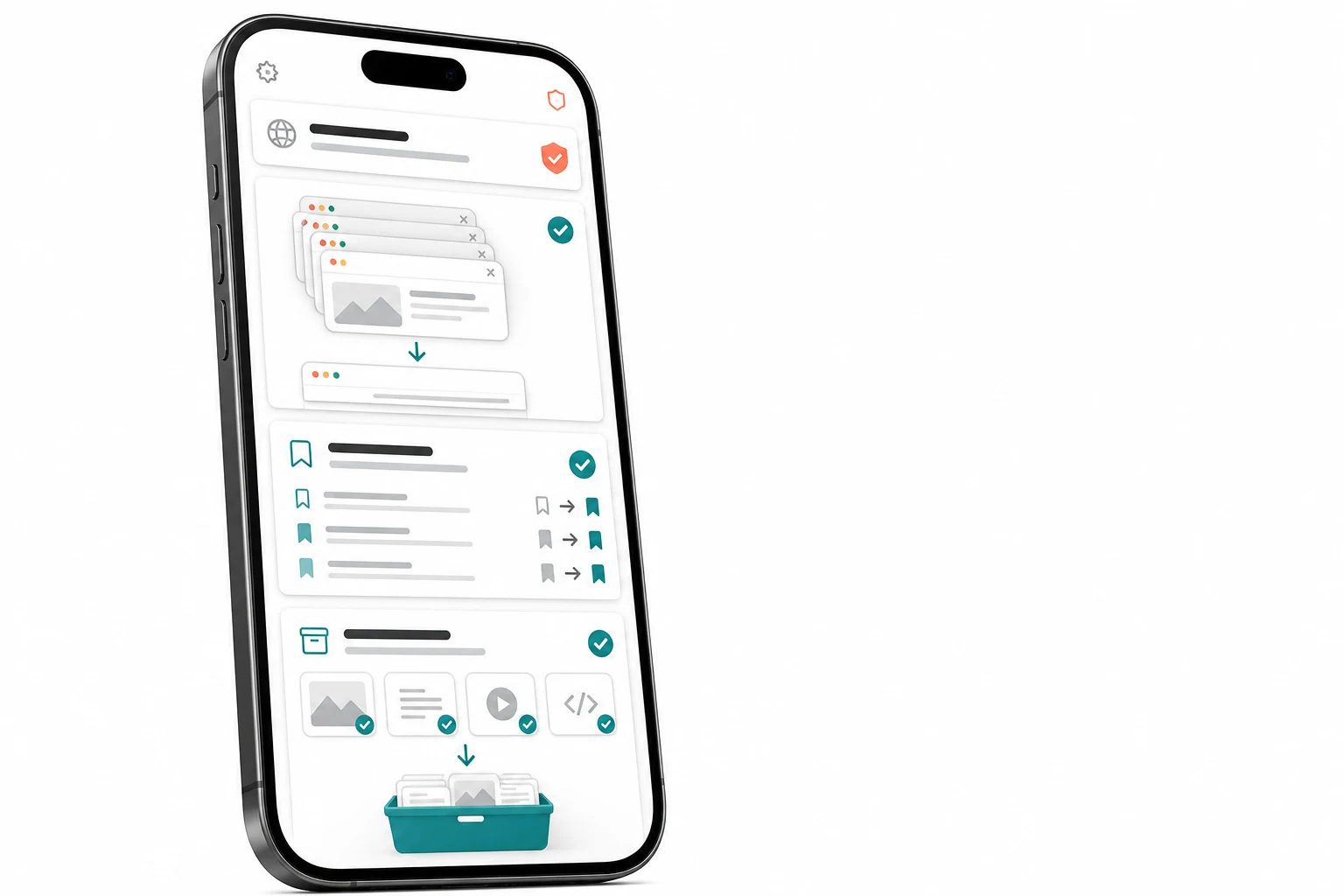 Junk Cleaner interface organizing Safari tabs, bookmarks, saved pages, and ad protection